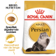 Royal Canin Adult Perzische kattenvoer zak met een fluffy Perzische kat, met tekst die de voeding voor het ras en de gezondheid van de lange vacht benadrukt.