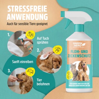 Ein schwarzer Hund mit einer weißen Brust kratzt sich das Ohr gegen einen türkisfarbenen Hintergrund. Text: "Unser Floh und Zeckenschutz bietet wirksamen Schutz!"