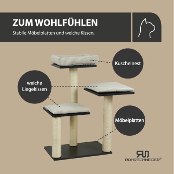 Katzenbaum mit weichen Kissen und stabilen Plattformen, gekennzeichnet mit "Kuschelnest", "weiche Liegekissen" und "Möbelplatten."