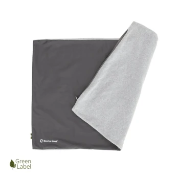 Grau und hellgraue Haustierdecke mit "Doctor Bark"-Logo und "Green Label"-Emblem in der Ecke.