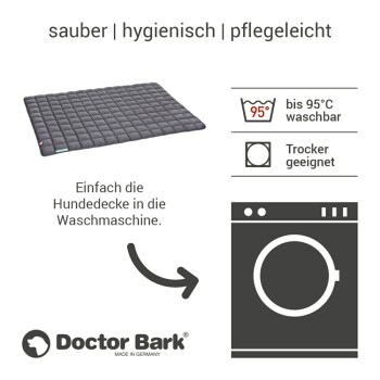 Eine schwarze, gesteppten Hundedecke mit Pflegehinweisen, die besagen, dass sie bis zu 95°C waschbar und trocknergeeignet ist, von Doctor Bark.