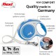 Blue Flexi dog leash with an 8m tape, featuring a comfortable handle, braking system, and sturdy design, labeled "Quality made in Germany."