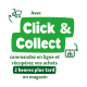 Graphique vert et blanc promouvant « Click & Collect » pour une animalerie en ligne, avec texte en français sur la commande en ligne et le retrait en magasin.