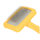 Gelbe Haustierpflegebürste mit Metallborsten und einem bequemen Griff, entworfen zum Entfernen von losem Fell und Verfilzungen.