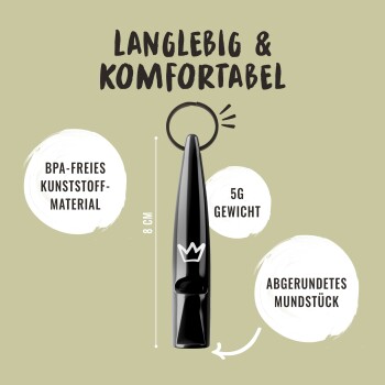 Schwarze Hundepfeife mit abgerundetem Mundstück, 8 cm lang und 5 g schwer, beschriftet mit "Langlebig & Komfortabel."