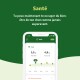 Interface d'application affichant des métriques de santé pour chat, montrant le poids idéal (5,5 kg) et le poids actuel (4,8 kg) sur un fond vert.