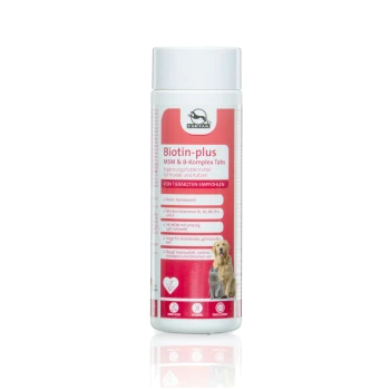 Flasche mit Biotin-plus MSM & B-Complex Tabs für Hunde und Katzen, mit einem rosa Etikett, das ernährungsbezogene Ansprüche und Bilder von einem Hund und einer Katze zeigt.