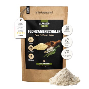 ALPHAZOO Care Flohsamenschalen Verpackung für Hunde und Katzen, die die Vorteile der Verdauung, 99% Reinheit und 100% natürliche Zutaten zeigt.