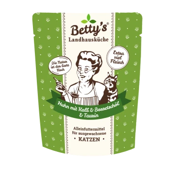Grüne 'Betty's Landhausküche'-Katzennassfutter-Tüte mit Köchin- und Katzenmotiv; Aufschrift: 'Huhn mit Kalb & Borretschöl & Taurin' und 'Extra viel Fleisch'
