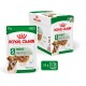 Royal Canin Mini Ageing dog food, 85g pouch, 12-pack, featuring chunks in gravy, designed for weight maintenance in small dogs.
