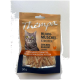 Thempa Katzen-Leckerli-Tütchen mit Katzenfoto; Text 'HUHN-MUSCHEL-STREIFEN / CHICKEN-SCALLOP STRIPES' und '50 g'.