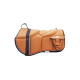 Eine gepolsterte, orangefarbene Hundeweste mit schwarzen Riemen, die eine Tasche an der Seite und einen Griff oben für einfaches Tragen hat.