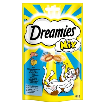 Emballage de friandises pour chats Dreamies Mix, mettant en avant un chat joueur, des images de friandises, et un texte soulignant des ingrédients comme le saumon et le fromage.