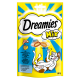 Emballage de friandises pour chats Dreamies Mix, mettant en avant un chat joueur, des images de friandises, et un texte soulignant des ingrédients comme le saumon et le fromage.