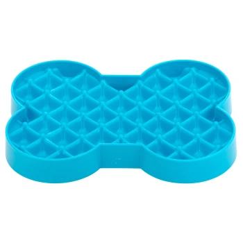 Blauer, knochenförmiger Slow Feeder Hundenapf mit erhöhtem Gittermuster zur Verlangsamung des Fressens.