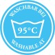 Blaues rundes Symbol mit einem Waschsymbol und dem Text 'WASCHBAR BEI 95°C' und 'WASHABLE AT', das Maschinenwaschbarkeit anzeigt.