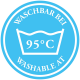 Blaues rundes Symbol mit einem Waschsymbol und dem Text 'WASCHBAR BEI 95°C' und 'WASHABLE AT', das Maschinenwaschbarkeit anzeigt.