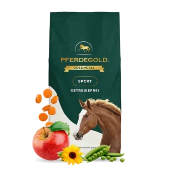 Sack PFERDEGOLD GOLDMÜSLI Pferdefutter mit den Aufschriften SPORT und GETREIDEFREI, Pferdekopf, Apfel, Sonnenblume und Erbsen.