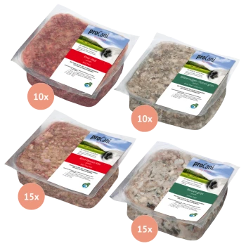 Vier proCani-Hundefutterpakete mit den Aufschriften "Rind Vital", "Rind-Pansen-Mix", "Blütenmagen/Pansen-grün" und "Pansen grün."