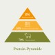 Illustration einer Protein-Pyramide, die 0 % Getreideprotein, 30 % Obst- und Gemüseprotein und 70 % tierisches Protein zeigt, beschriftet mit "Protein-Pyramide."