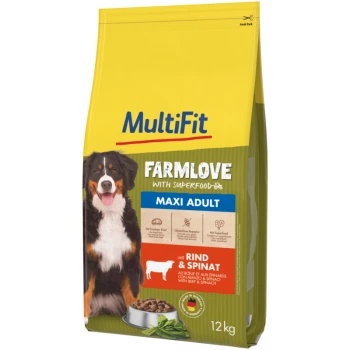 Sac jaune de 12 kg de nourriture pour chiens MultiFit Farmlove pour chiens adultes maxi, contenant du bœuf et des épinards, avec une image d'un chien de montagne bernois.