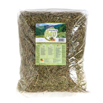 FrischGras Heu Gartenglück 2 kg Eine 2 kg Tüte Bunny FrischGras-Heu mit einem grünen Etikett, das Bilder von Kräutern und Blumen zeigt, sowie Nährwertinformationen auf der Rückseite.