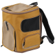 Sac à dos de transport pour animaux jaune moutarde avec fenêtre latérale en filet, accents beiges, poche avant zippée et bretelles rembourrées noires.