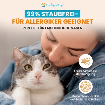 Lucky-Kitty Anzeige: Person umarmt grau-weiße Katze; '99% STAUBFREI – FÜR ALLERGIKER GEEIGNET', 'PERFEKT FÜR EMPFINDLICHE NASEN'.