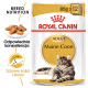 Opakowanie karmy dla kotów Royal Canin Adult Maine Coon, z kotem rasy Maine Coon, z tekstem podkreślającym odżywianie i korzyści zdrowotne rasy.