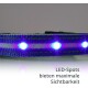 LED-Hundehalsband mit blauen und weißen Lichtern, mit dem Text "LED-Spots bieten maximale Sichtbarkeit" für verbesserte Sichtbarkeit.
