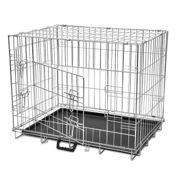 Metall-Hundebox mit herausnehmbarem Kunststofftablett, ausgestattet mit einem Doppeltürdesign für einfachen Zugang.