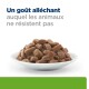 Assiette blanche contenant de la nourriture humide brune en sauce ; texte français visible : «Un goût alléchant auquel les animaux ne résistent pas»
