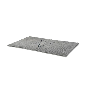 Tapis pour animaux de compagnie gris avec une surface texturée et un design d'étoile bleu foncé au centre.