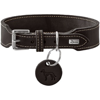 Braunes Lederhalsband mit silberner Schnalle und Ring, rundem Lederanhänger mit Hundesilhouette und Metallplakette 'HUNTER'.