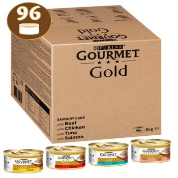 Schachtel Purina Gourmet Gold Katzenfutter, die 96 Dosen enthält, mit Geschmacksrichtungen: Rind, Huhn, Thunfisch und Lachs, jeweils 85g.