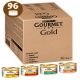 Pudełko karmy dla kotów Purina Gourmet Gold, zawierające 96 puszek, o smakach: Wołowina, Kurczak, Tuńczyk i Łosoś, każda 85g.