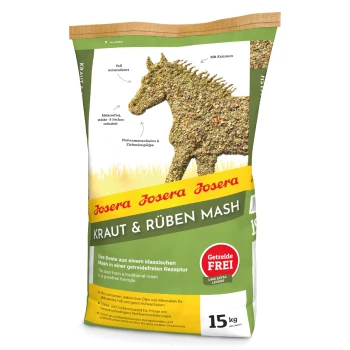 15 kg Sack Josera Kraut & Rüben Mash für Pferde, mit einer Pferdesilhouette und der Hervorhebung seiner getreidefreien, ölreichen Formel.