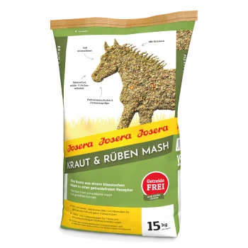 15 kg Sack Josera Kraut & Rüben Mash für Pferde, mit einer Pferdesilhouette und der Hervorhebung seiner getreidefreien, ölreichen Formel.