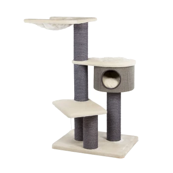 Katzenbaum mit mehreren Ebenen, einem gemütlichen Versteck und Kratzpfosten, aus weichen beige- und grauen Materialien.