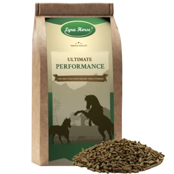 Tüte Lyra Horse 'Ultimate Performance' Pferdefutter mit Pferdesilhouetten und einem Haufen Pellets.