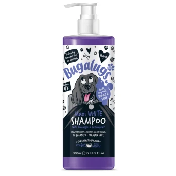 Bugalugs Maxi White Shampoo für Hunde, mit einem Cartoon-Hund und Vorteilen: glänzendes Fell, vegan, pH-ausgeglichen, parabenfrei.