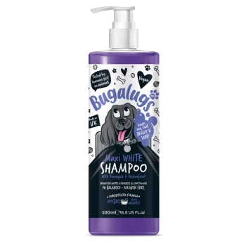 Bugalugs Maxi White Shampoo für Hunde, mit einem Cartoon-Hund und Vorteilen: glänzendes Fell, vegan, pH-ausgeglichen, parabenfrei.