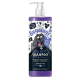 Bugalugs Maxi White Shampoo für Hunde, mit einem Cartoon-Hund und Vorteilen: glänzendes Fell, vegan, pH-ausgeglichen, parabenfrei.