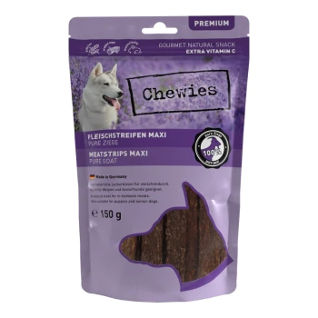Hundeleckerli-Verpackung mit "Chewies" Meatstrips Maxi, hergestellt aus 100% reinem Ziegenfleisch, 150g, mit einem Hundebild und lila Design.