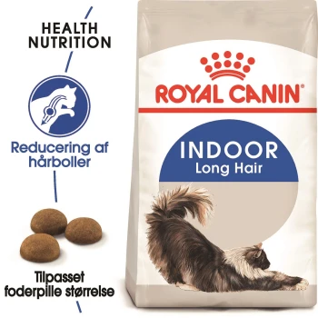 Royal Canin Indoor Langhaarkatzenfutterbeutel mit einer Illustration einer sich dehnenden Langhaarkatze, mit Text über Gesundheitsnahrung und Haarballreduzierung.