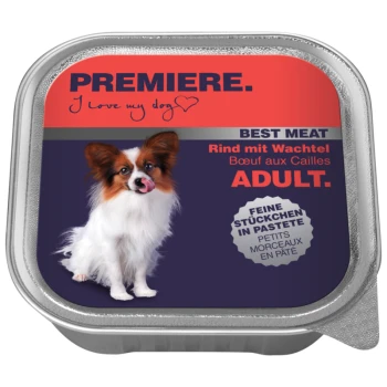 Pojemnik na karmę dla zwierząt z psem rasy Papillon liżącym wargi, oznaczony 'PREMIERE. I love my dog,' z 'BEST MEAT Rind mit Wachtel' i 'ADULT.'
