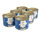 Sechs Dosen von Betty's Katzenfutter, blaue Etikette mit einer Cartoon-Katze, beschriftet mit "Huhn & Fasan mit Bananenschalen," jeweils 200g.