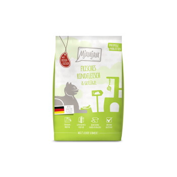 Grüner Mjamjam-Katzenfutterbeutel mit der Aufschrift 'Frisches Rindfleisch & Geflügel', Katzensilhouette und deutscher Flagge.