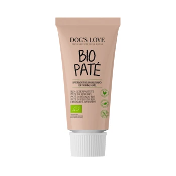 BIO Paté 80g Bio-Leberpastete für Hunde in einer beigen Tube, beschriftet "DOG'S LOVE BIO PATÉ", mit Text, der es als natürlichen Belohnungssnack für Training und Spiel hervorhebt.