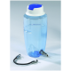 Clear plastic pet water bottle with a blue cap and a spout, accompanied by a black hose attachment.